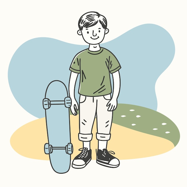 Vector a drawing of a boy with a skateboard and a skateboard