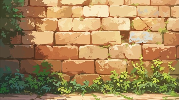 a drawing of a brick wall with a plant growing through it