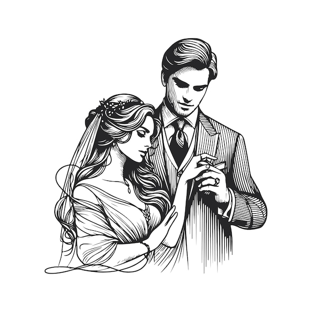 a drawing of a bride and groom in black and white