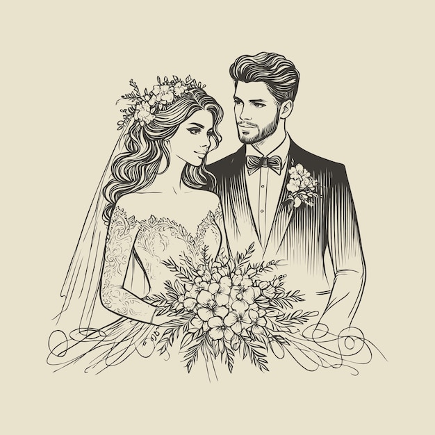 Vector a drawing of a bride and groom with flowers in their hair