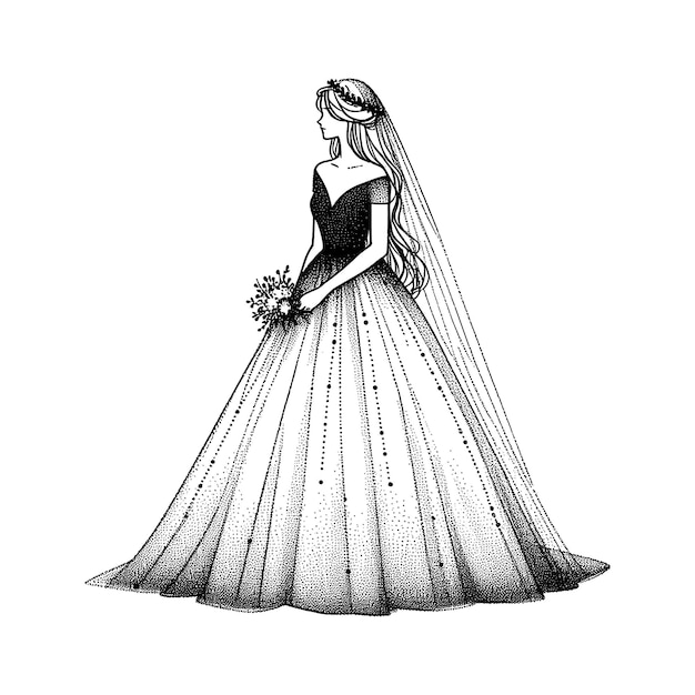 Vector a drawing of a bride in a wedding dress with a flower in the middle