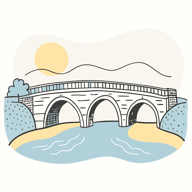 a drawing of a bridge that has a sunset on it