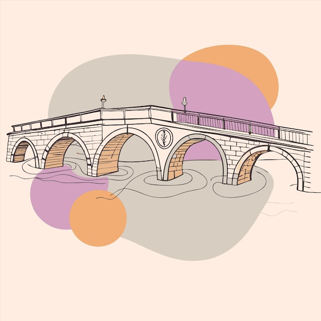 a drawing of a bridge with a bridge and a sun in the background