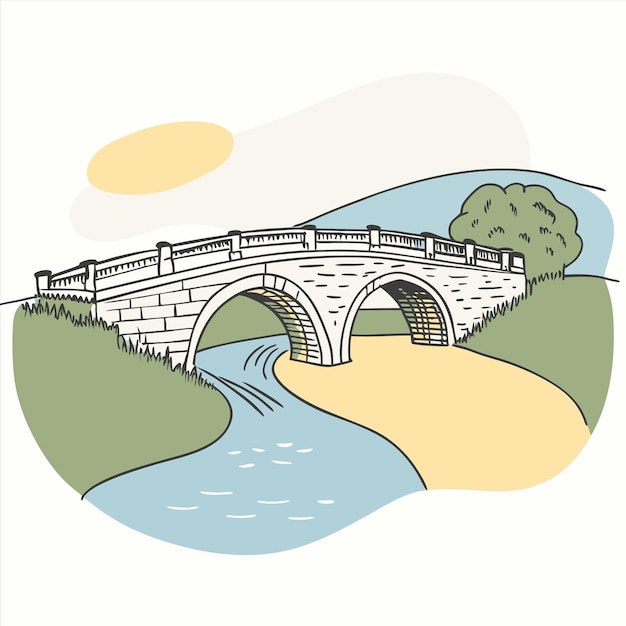 a drawing of a bridge with a river and a sky background