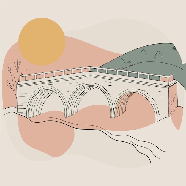 Vector a drawing of a bridge with the sun setting behind it