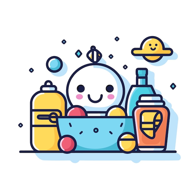 A drawing of a bubble bath with a bottle of liquid and a star on it.