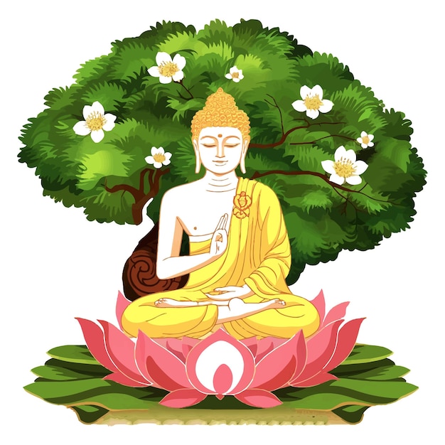 a drawing of a buddha sitting in lotus position with a tree in the background