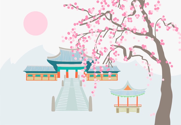 Drawing of a buddhist temple on a background of sunset and blooming sakura