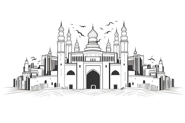 a drawing of a building with a drawing of a mosque