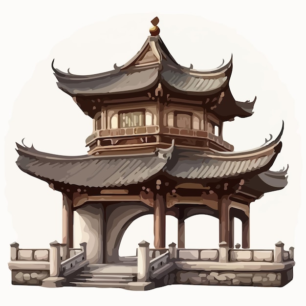 A drawing of a building with a pagoda on the top.