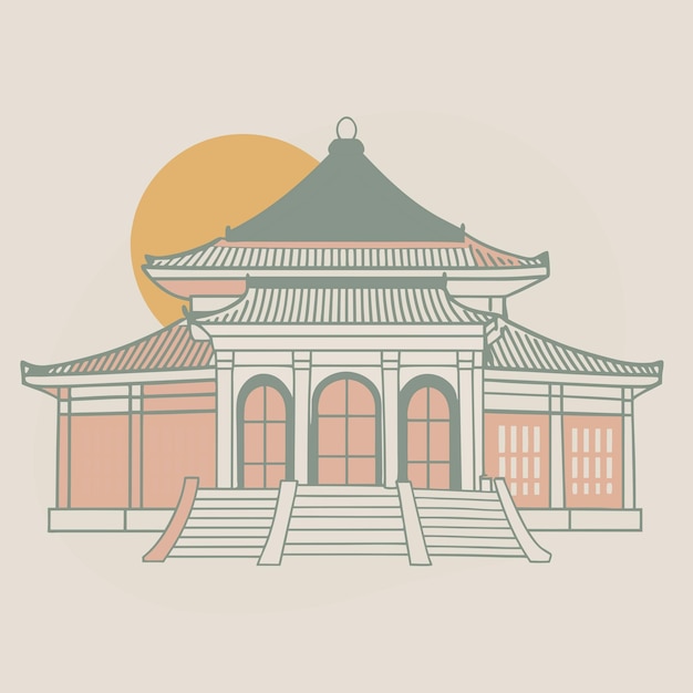 a drawing of a building with a sun and a sun on the top