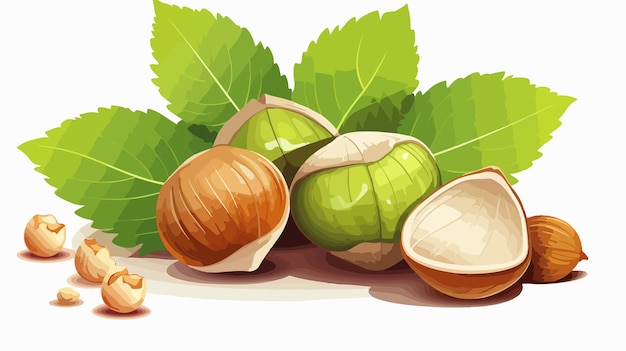 Vector a drawing of a bunch of nuts with leaves and a green leaf