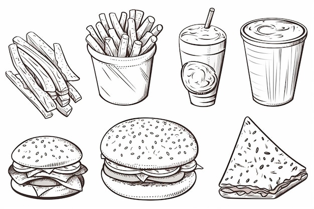 Vector a drawing of a burger and fries with a cup of soda