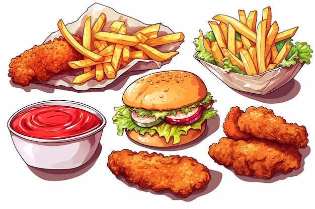 a drawing of a burger and fries with a picture of a hamburger and fries