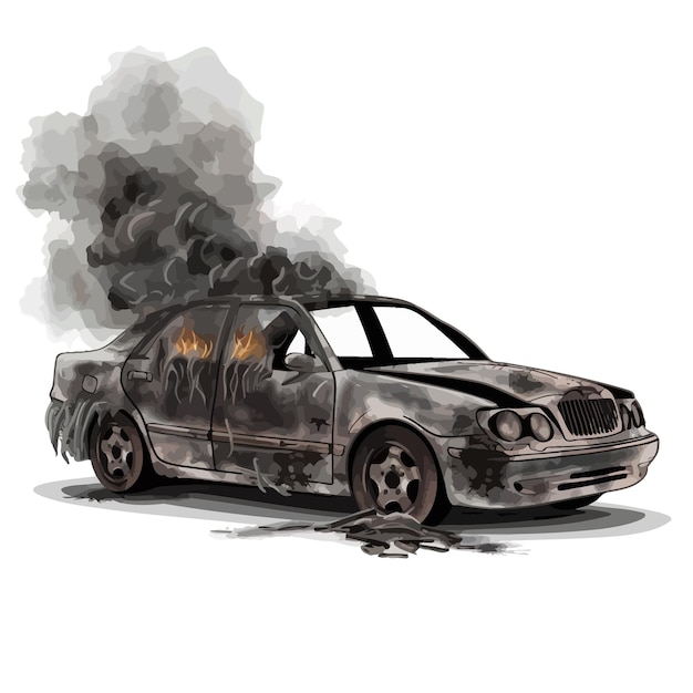 Vector a drawing of a burned out car with flames on the hood