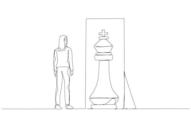 Drawing of business woman standing infront of mirror seeing inner king chess piece concept of positive mindset Single continuous line art style