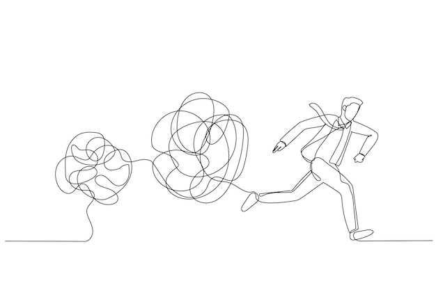 Vector drawing of businessman running away from tangled line ball concept of avoid problem single continuous line art style