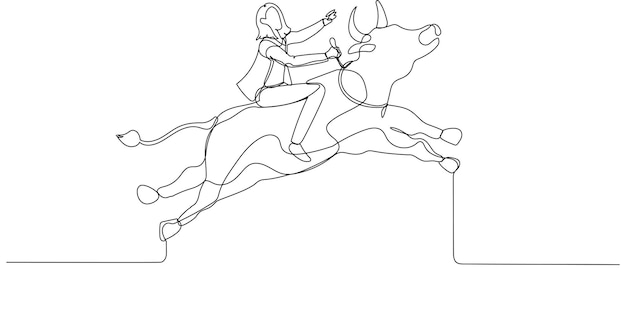 Drawing of businesswoman riding a bull going up showing rising and bull market Single continuous line art style