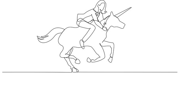 Drawing of businesswoman riding unicorn ready to expand to new area Single line art style