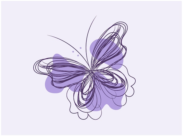 a drawing of a butterfly with purple lines and a purple flower