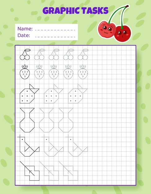 Drawing by cells Educational game for preschool children Worksheets with cherry