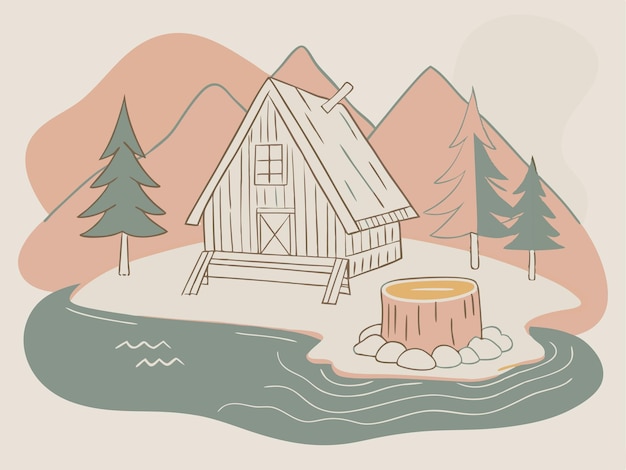 Vector a drawing of a cabin with a cabin in the background