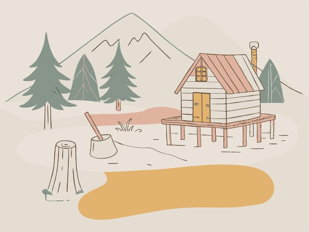 Vector a drawing of a cabin with a mountain in the background