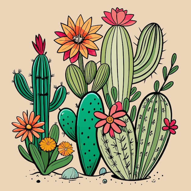 a drawing of cactus flowers and cactus