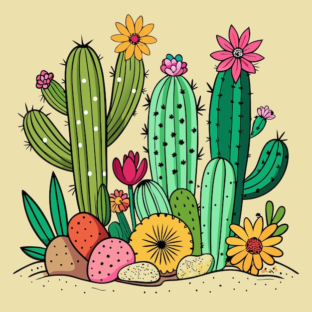 a drawing of cactus flowers and a picture of a cactus