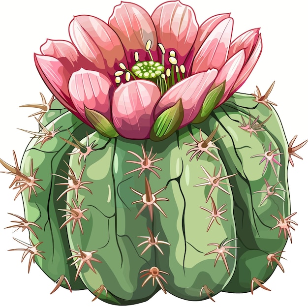 Vector a drawing of a cactus with pink flowers and green leaves