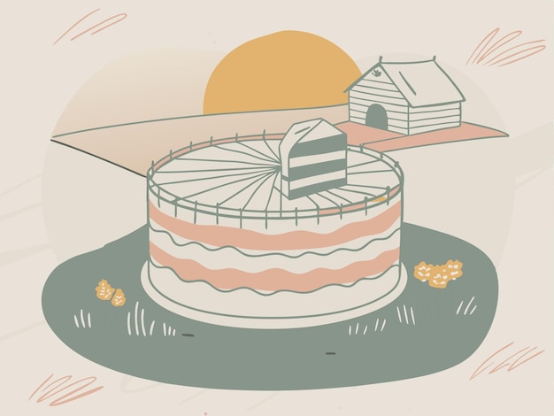 Vector a drawing of a cake with a house and a sun in the background