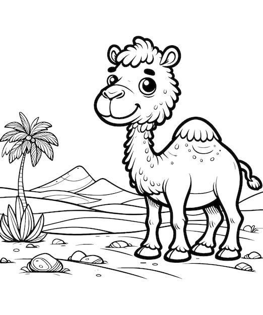 a drawing of a camel with a palm tree and mountains in the background