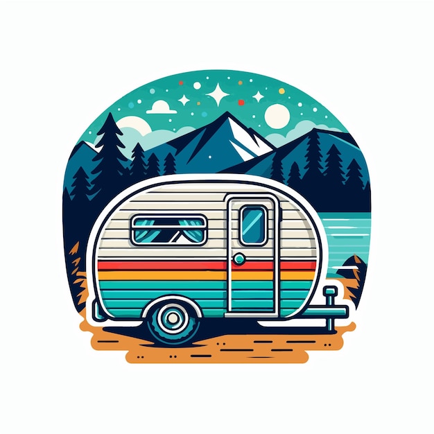 a drawing of a camper with a mountain in the background