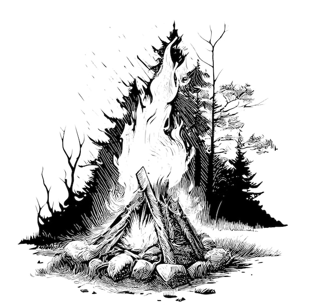 A drawing of a campfire in the woods.