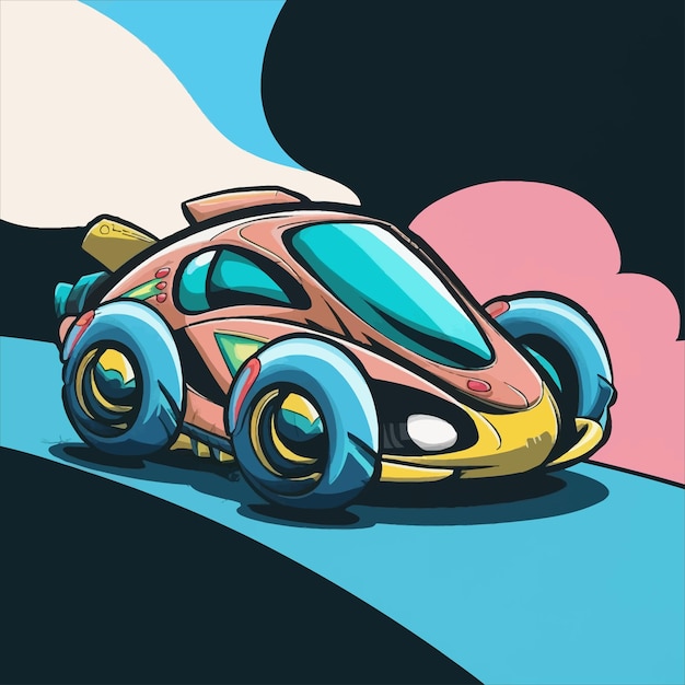 a drawing of a car with a blue and yellow paint on it