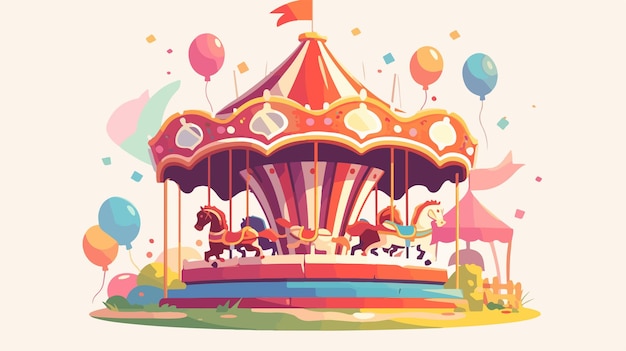 a drawing of a carousel with a horse and balloons