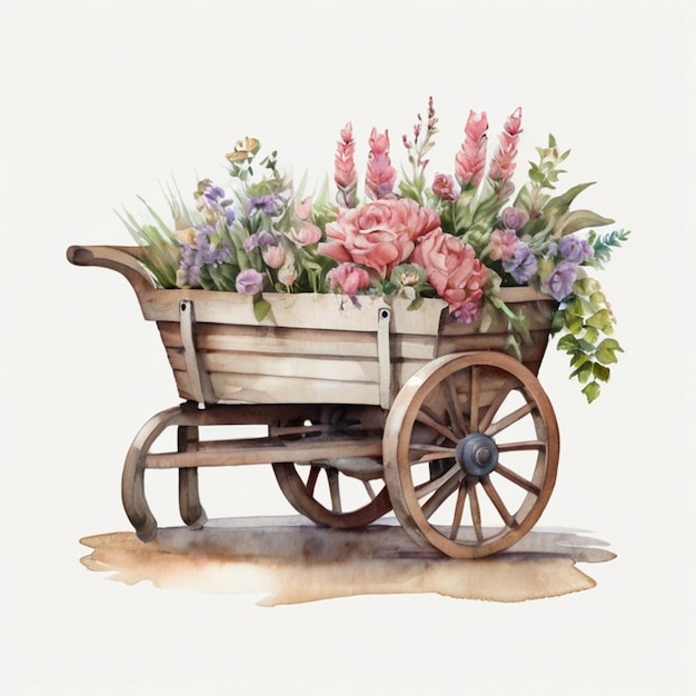 a drawing of a cart with flowers in it