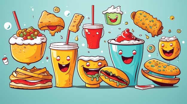 Vector a drawing of a cartoon character with a picture of food and drinks