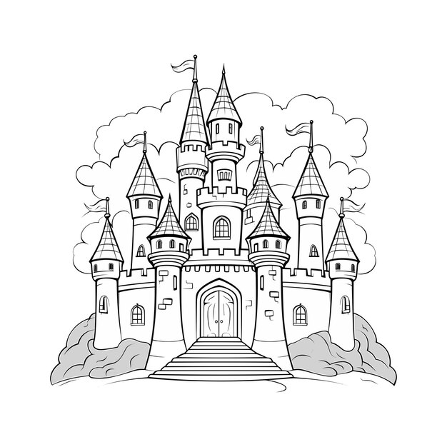 Vector a drawing of a castle with a black and white drawing of a castle