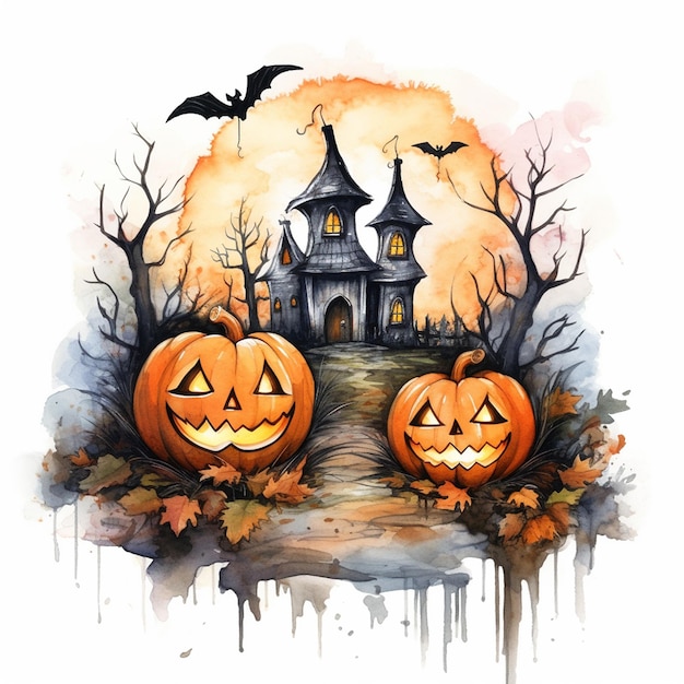 a drawing of a castle with pumpkins on it