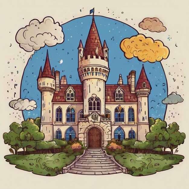 Vector a drawing of a castle with a sky background