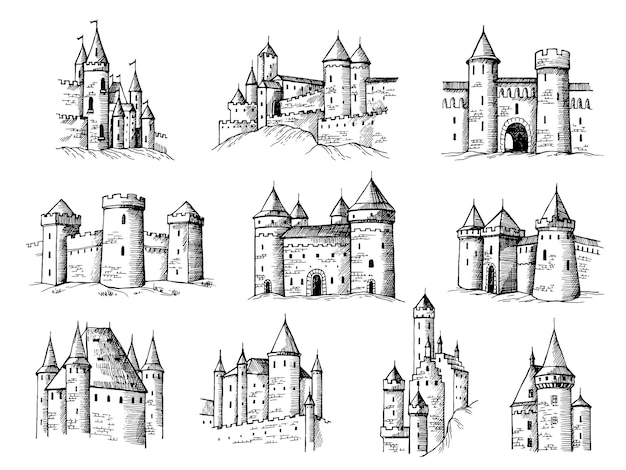 Drawing castles Medieval buildings old gothic towers ancient constructions recent vector castles collection