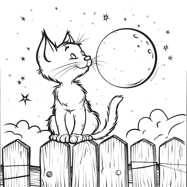 Vector a drawing of a cat sitting on a fence with the moon in the background