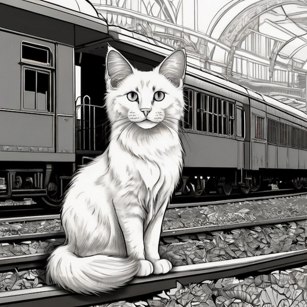 a drawing of a cat sitting on the tracks with a train in the background