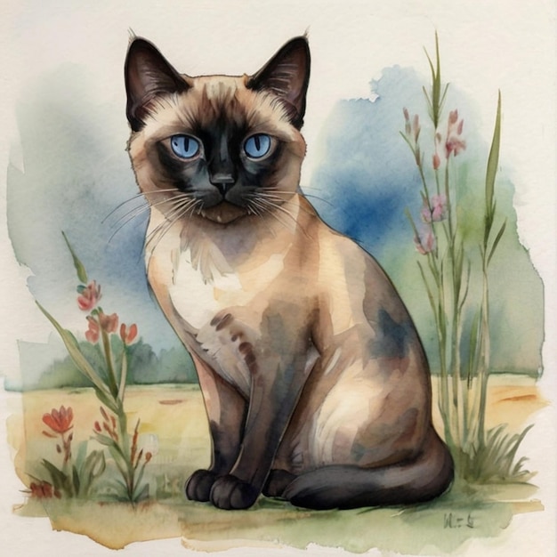 a drawing of a cat with blue eyes and a blue sky in the background