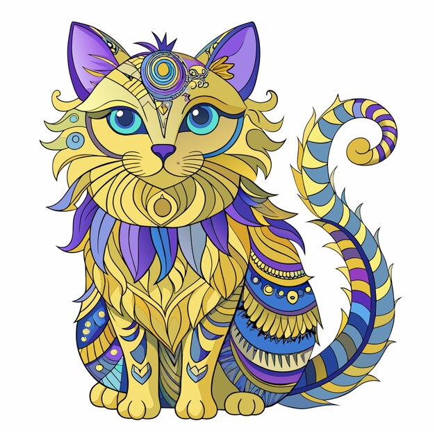 Vector a drawing of a cat with a gold headband and a purple headdress