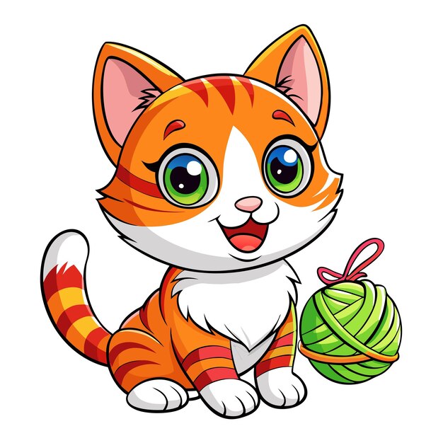 a drawing of a cat with green eyes and a ball of yarn