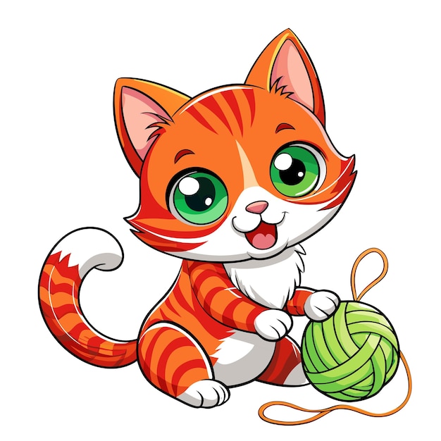 Vector a drawing of a cat with green eyes and a ball of yarn