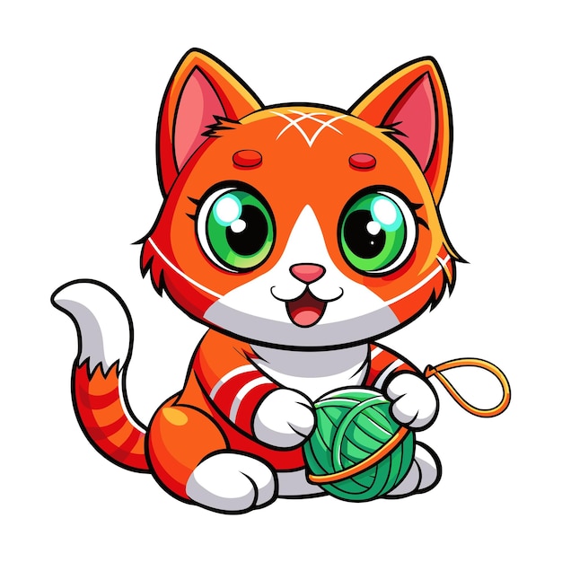 a drawing of a cat with green eyes and a ball of yarn