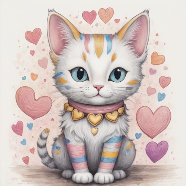 a drawing of a cat with a rainbow colored heart on it